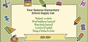 Student School Supply List 2023-2-24 Backpack(no wheels) wired headphones (optional) Water bottle (optional) Lunch box (if needed) Change of clothes for locker